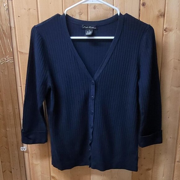 Linda Matthews Vintage Navy Blue Cardigan Sweater with 3/4 Sleeves - Size S - Picture 1 of 3